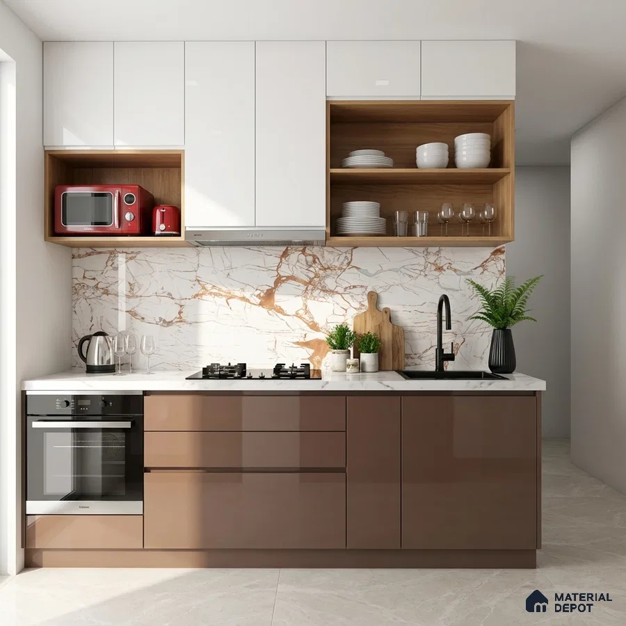 Modern kitchen with glossy brown laminate, white marble backsplash tile, and white upper cabinets